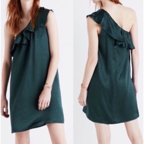 Madewell One-Shoulder Dress Green 100% Silk Green Polka-Dot Size 2 - Picture 1 of 7